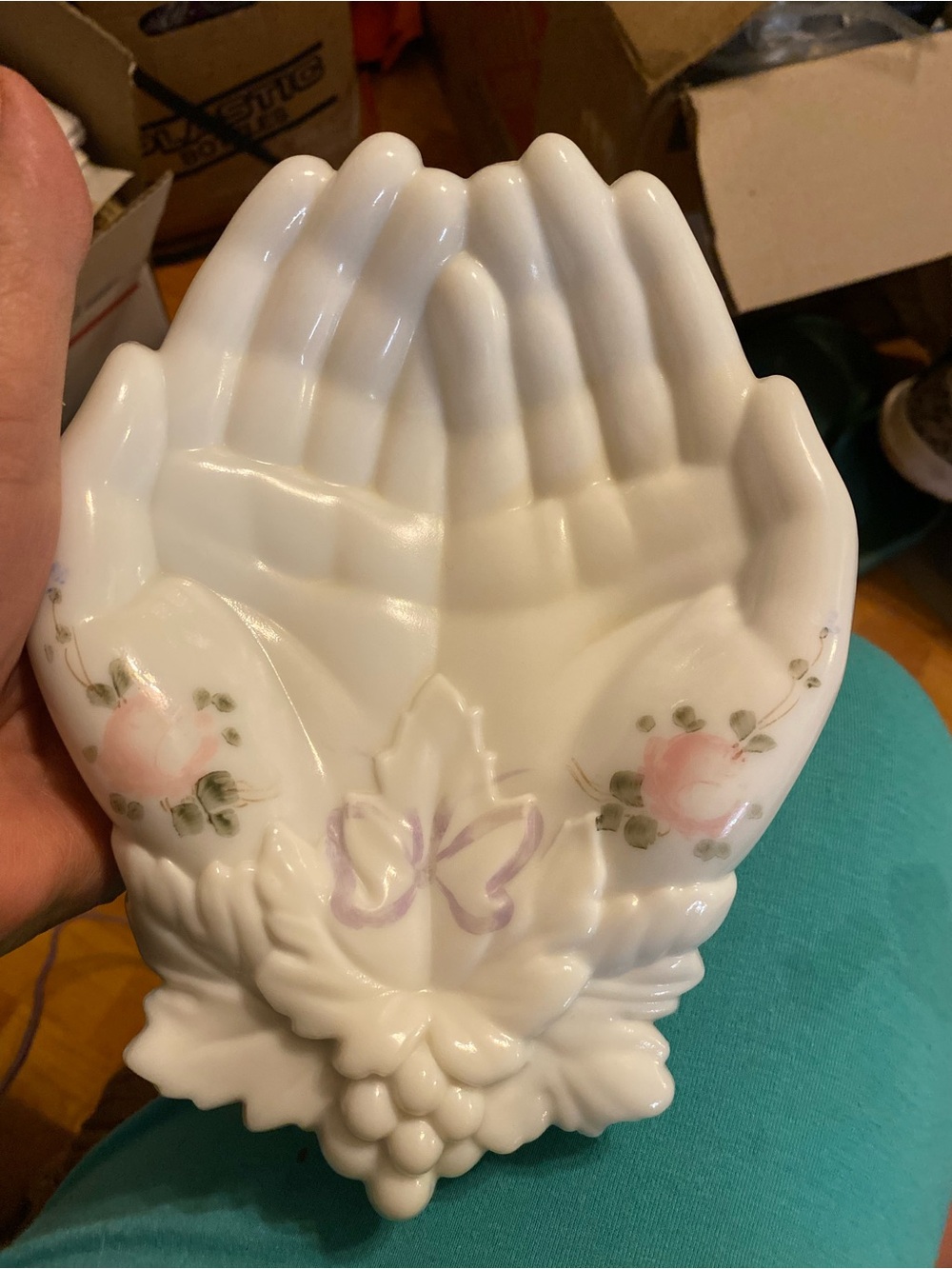 Westmoreland White Milk Glass Hand-Shaped Dish with Pink Rose Accents